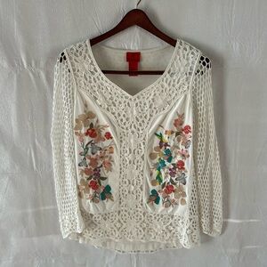 Women’s V Cristina White Crochet Floral Embroidered Lined Tunic Blouse Top Sz S